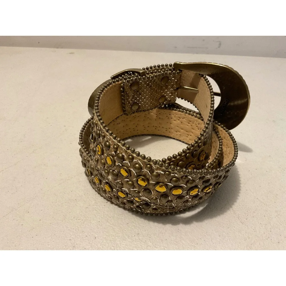 Chicos Womens Snakeskin Studded Rhinestone Western Belt Bronze Gold Buckle Large